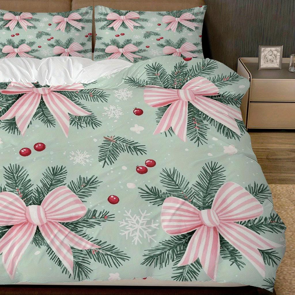 3pcs Christmas Duvet Cover Set with Pink Bow & Pine Branch Snowflake Berry Design - Soft Polyester Bedding, Zipper Closure