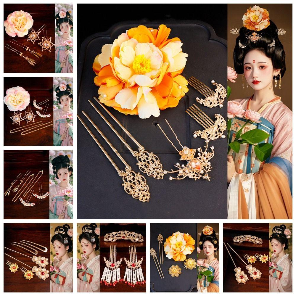 1 Set Pearl Tang Dynasty Hairpin Classical Flower Hair Comb Vintage Ancient Hair Stick  Women