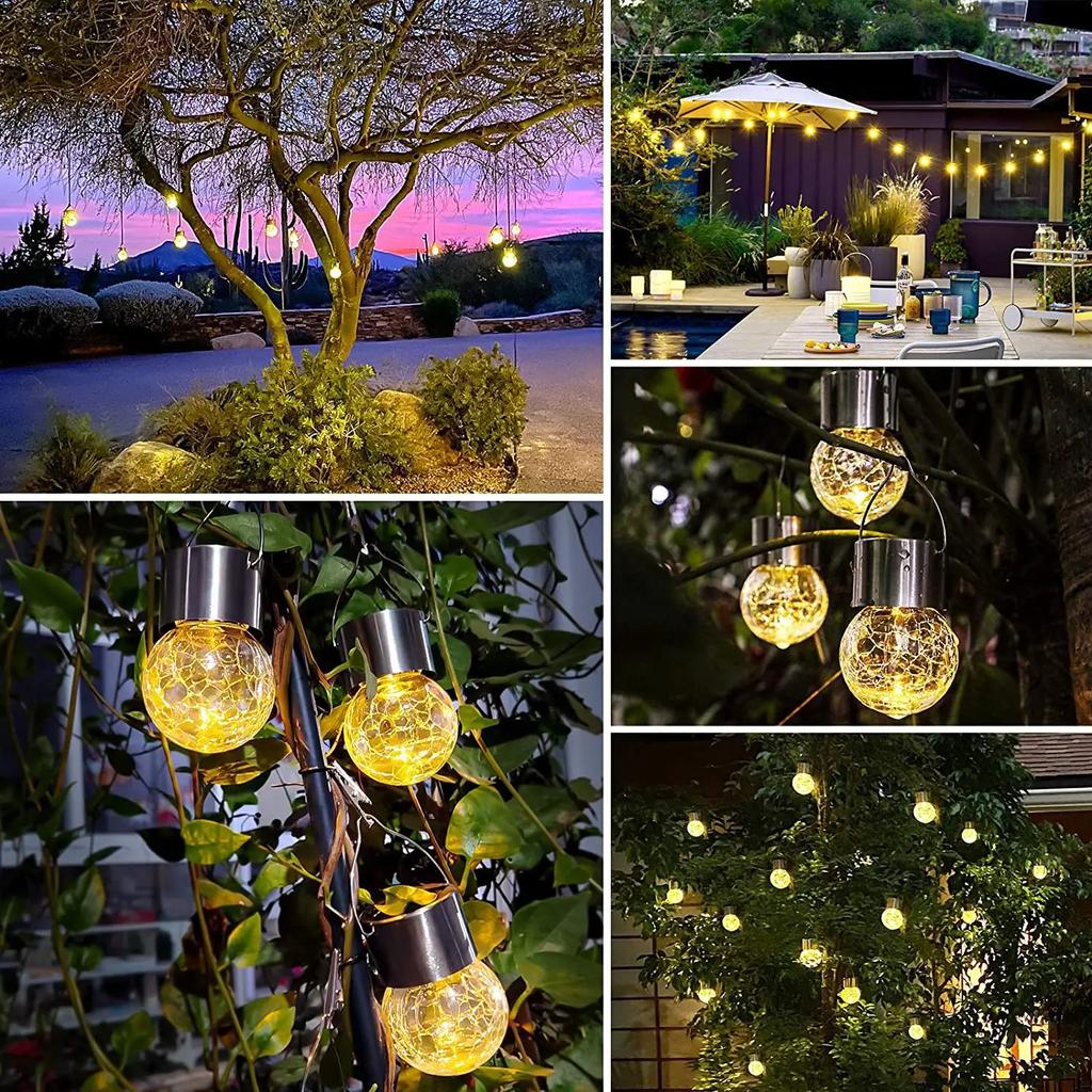 LED Outdoor Solar Glass Ball Pendant Light Cracked Ball Rattan Ball Light Garden Decorative Light String Courtyard Light