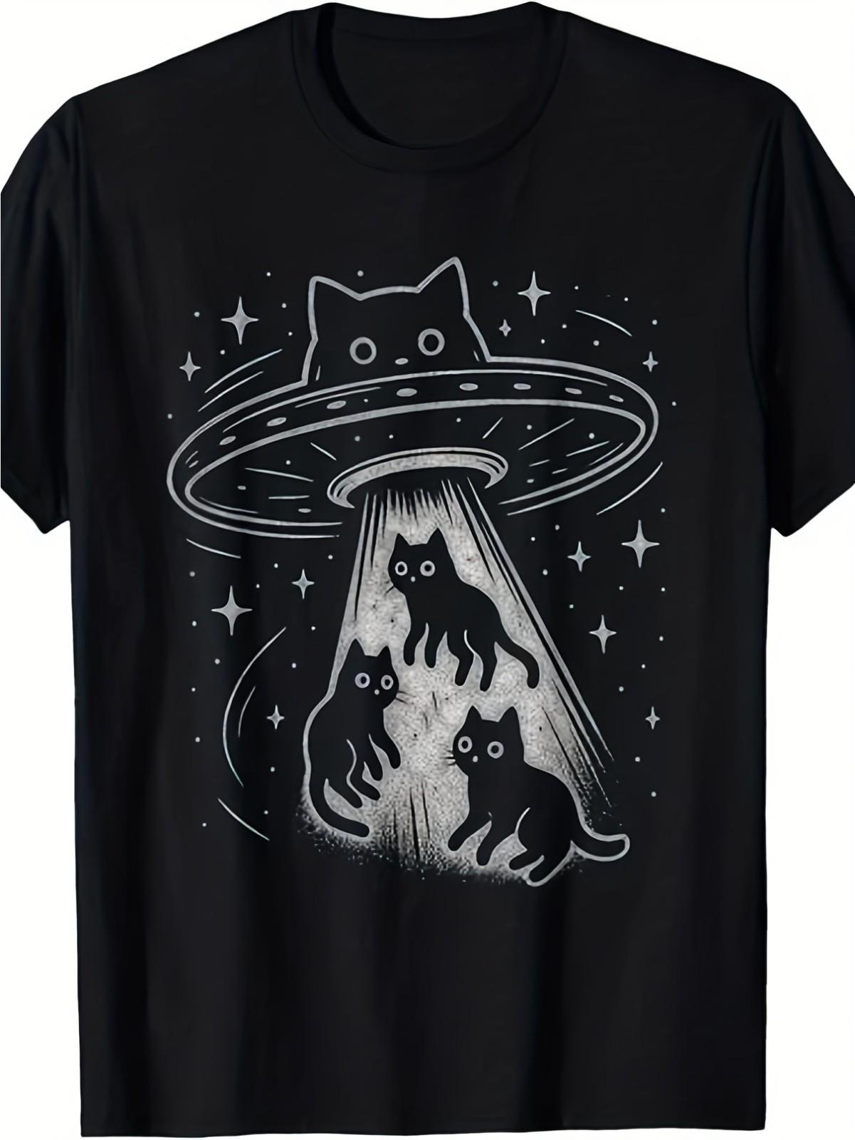 Funny Cat UFO Cute Kitten Spaceship Alien Aesthetic T-Shirt S