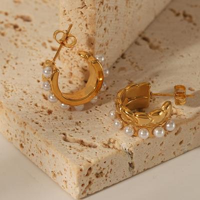 Stainless Steel Mitation Pearls Fashion C Stud Earrings Prevent Allergy Metal Exquisite Waterproof Jewelry Gift