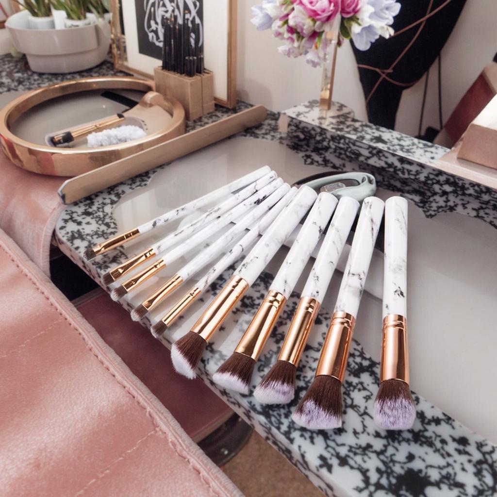 Professional 10pcs Flat Style Kabuki Makeup Brushes Set Natural Gemstone with Marble Handle for Face Use with Storage Case