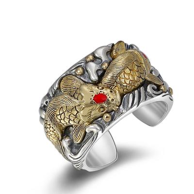 S925 Sterling Silver Retro Lucky Fish Ring For Man Thai Silver Double Fish Ethnic Style Traditional Wild Open Ring Jewelry