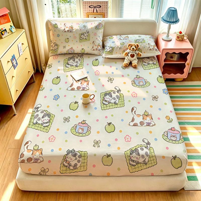 3pcs Cartoon Bear Kitten Printed Chipless Bed Sheet Set Multiple Sizes Soft Bed Cover Bedroom Bedding Decoration, Gift Bedding