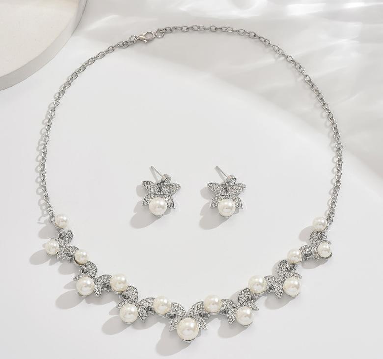 Hollow Leaf Necklace Earrings Bracelet Ring Four-Piece Set Bridal Wedding Rhinestone Accessories