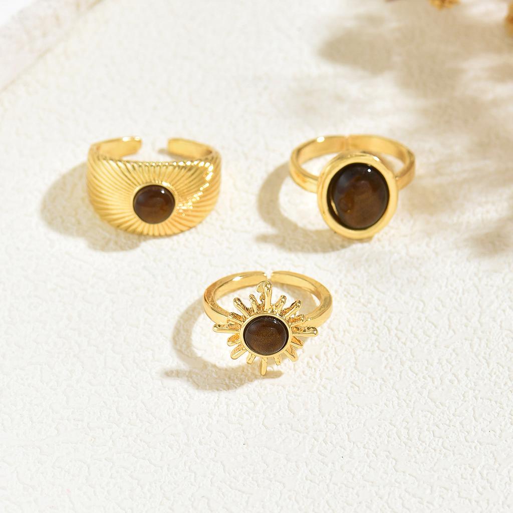 3Pcs/Set Tiger Eye Stone Ring Set Gold Color Sun Wave Open Adjustable Stackable Rings For Women Party Daily Wear