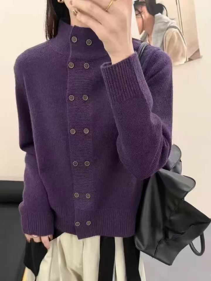 Korean double-breasted stand-up neck knitted cardigan women's autumn and winter design sense temperament loose sweater jacket huge good-looking top