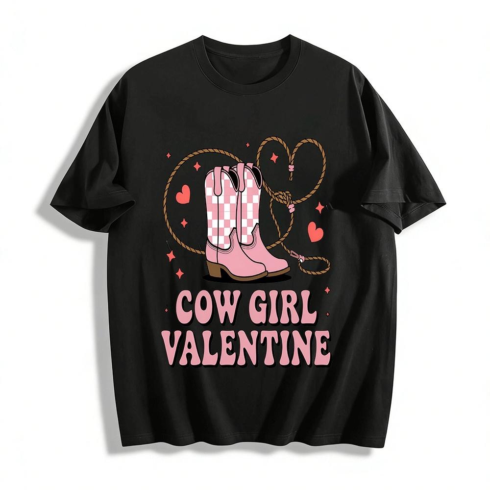 Cowgirl Valentine Pink Checkered Boots Graphic Western Top Pure cotton T-shirt XXS