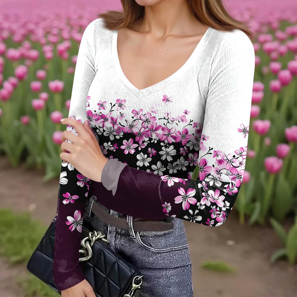 Women's Winter Slim-Fit Base Layer T-Shirt Fashionable Print V-Neck Pullover Long-Sleeved Top