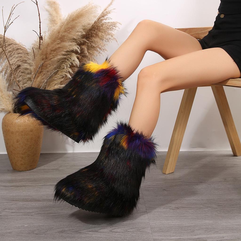 New Color Plush Medium Tube Snow Boots Women's Large Size Fluffy Women's Boots Sizes 36-44