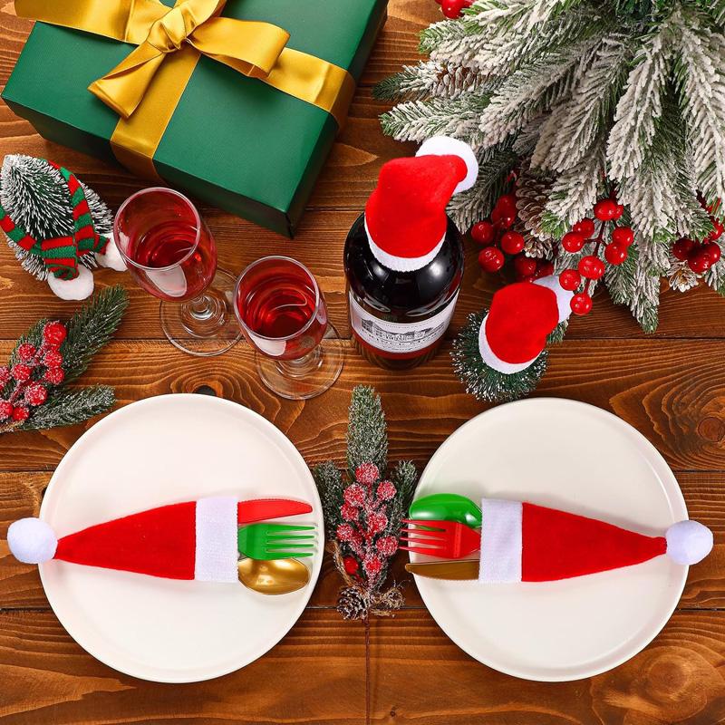 Christmas Tableware Set-Santa Hat Cutlery Bag Holder for Fork Knife Spoon, Holiday Dinner Party Decor, Xmas Home Kitchen Acces