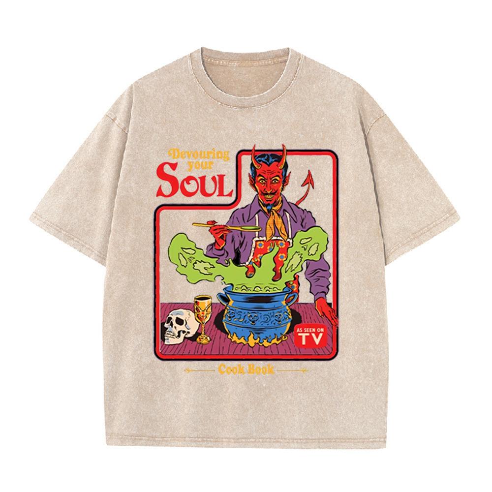 2026 Vintage Washed Black Devil Cooking Devouring Your Soul Retro Comic Graphic T Shirt Gothic Cartoon Oversized Streetwear Shor