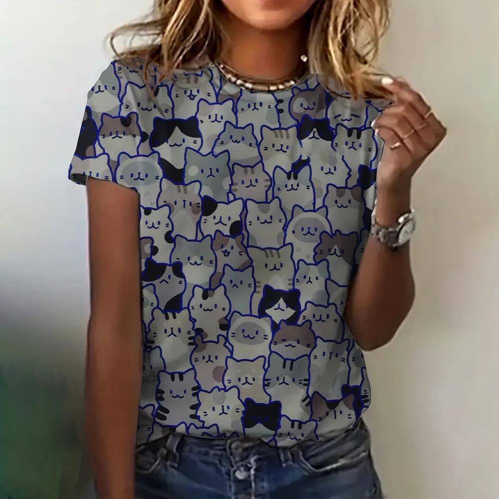 Summer Round Neck 3D Cat Print Top Fashionable Casual Short Sleeved Women's T-shirts