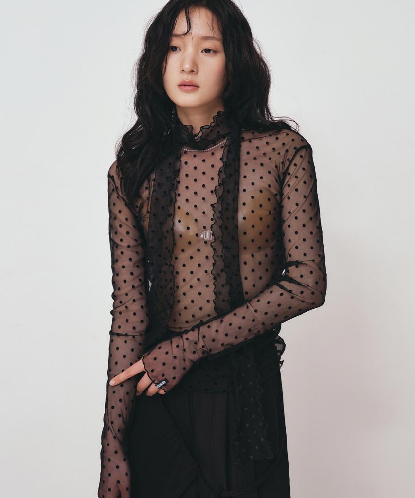 Nigaennikol Dot Mesh Scarf Top_Black