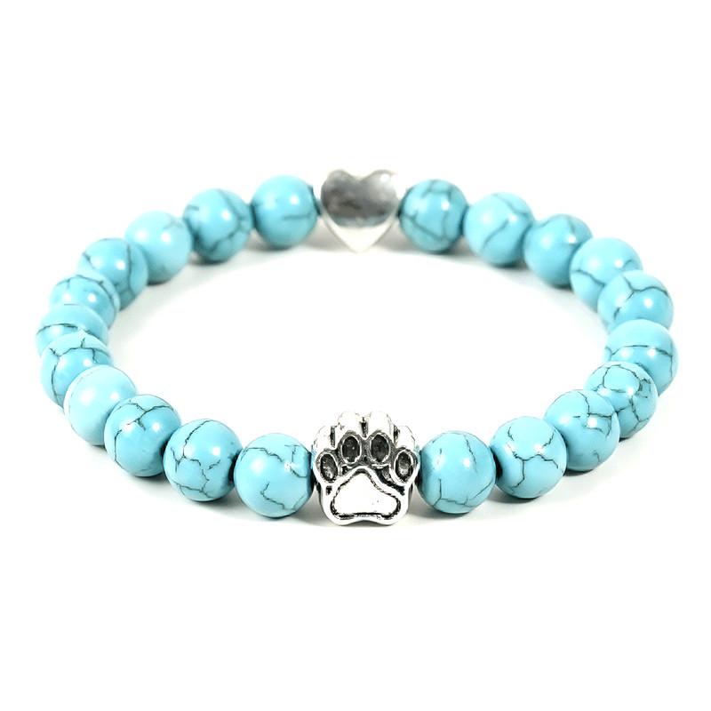 Natural Tiger Tooth  Volcanic Stone Dog Paw Beaded Bracelet with Peach Heart Charm 8mm