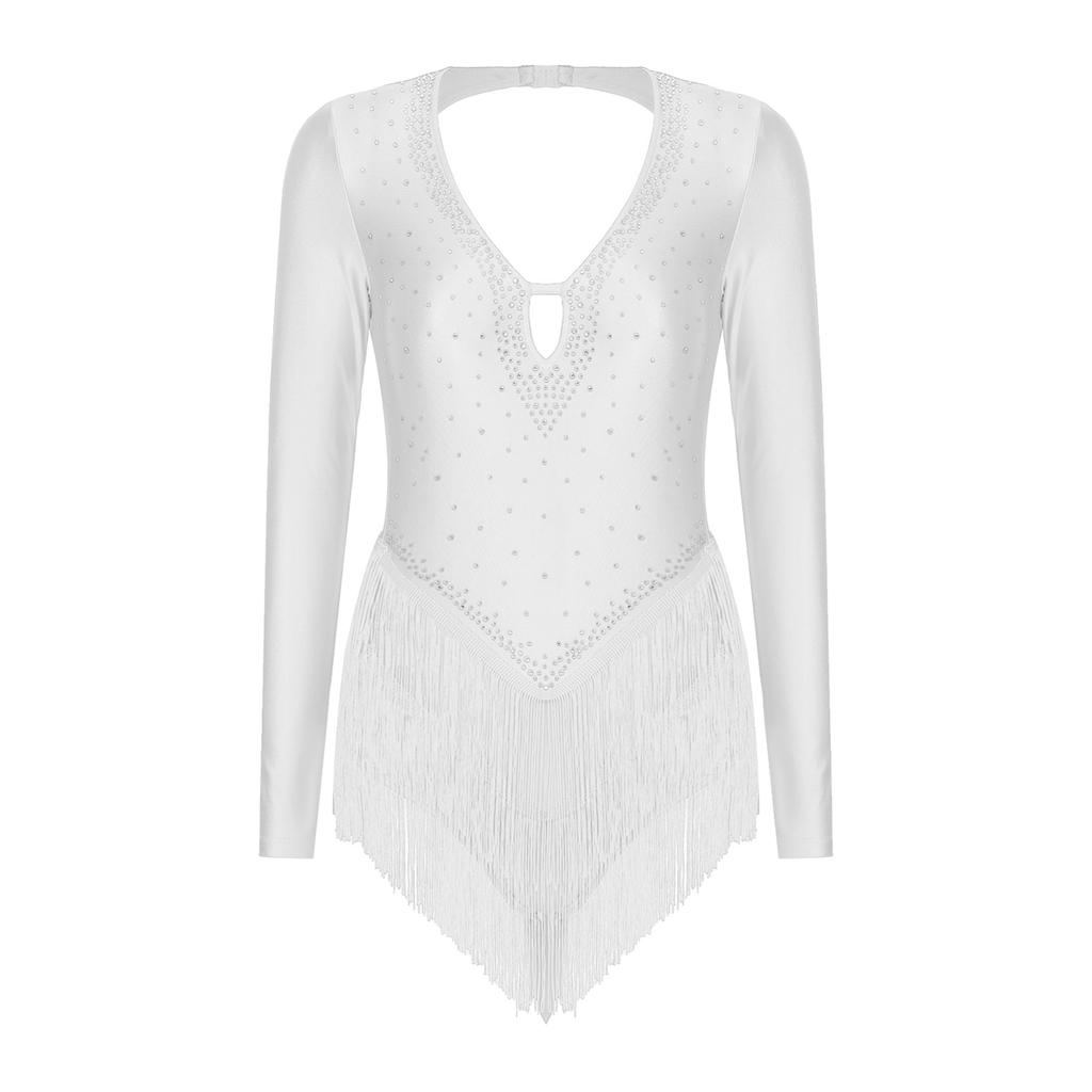 Body de Baile Latino Brillante con Pedrería para Mujer Cuello en V Profundo Manga Larga Leotardo con Flecos Espalda Descubierta Disfraz de Actuación
