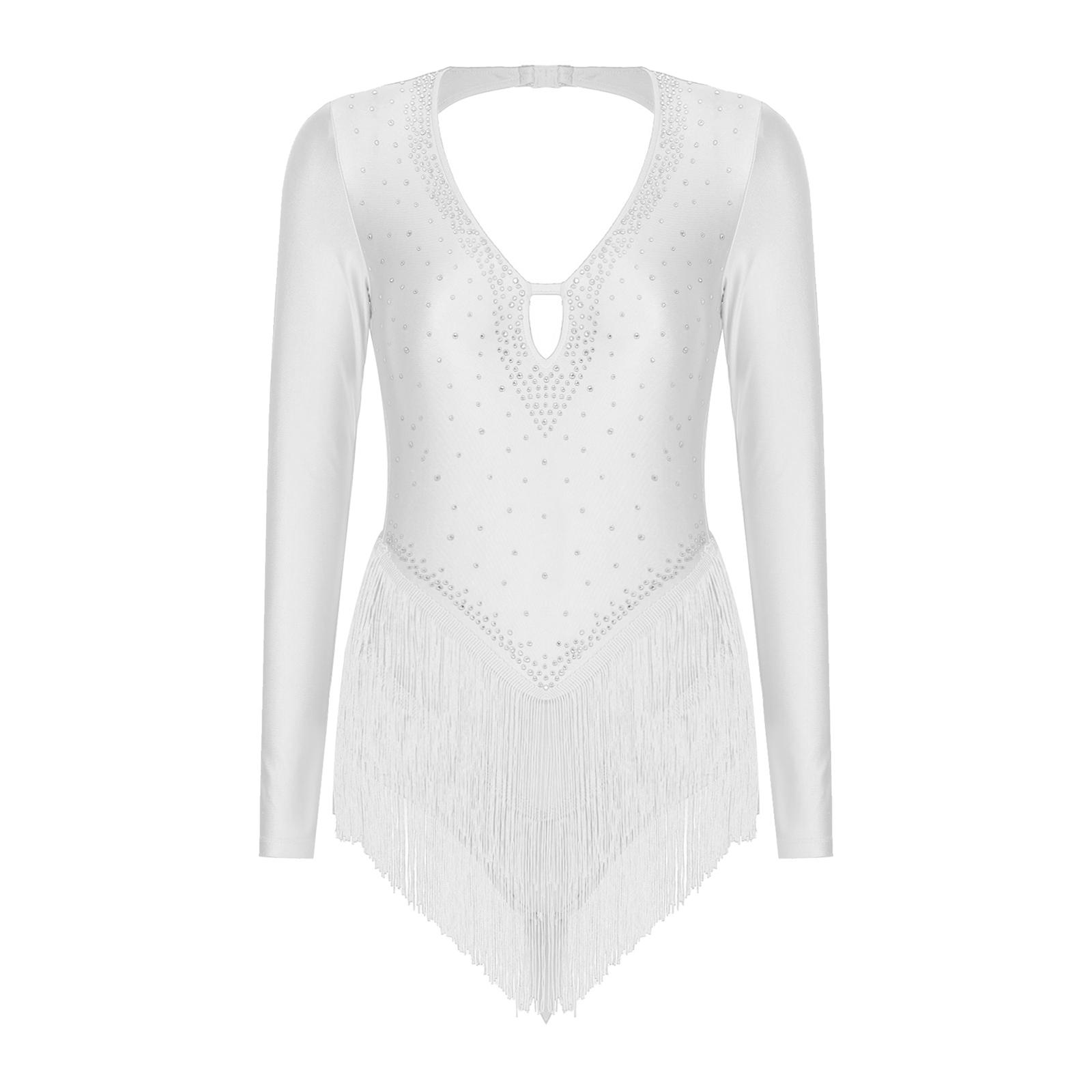 

Womens Latin Dance Leotard Long Sleeve Backless Fringe Detail Rhinestone Bodysuit Dancewear S слонова кістка