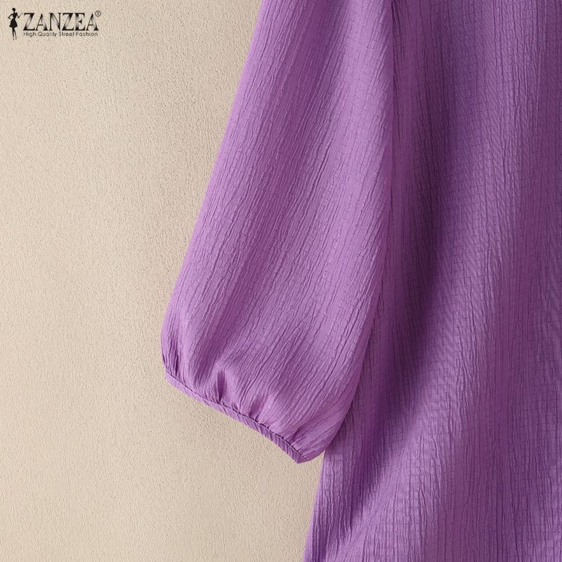 ZANZEA Blusa informal holgada de color liso con cuello redondo y mangas 3/4 para mujer