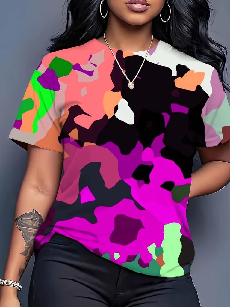T-shirt da Donna Camo Rosa Vivace Stampa 3D—Stile Audace, Femminile Look Casual Accattivante Che