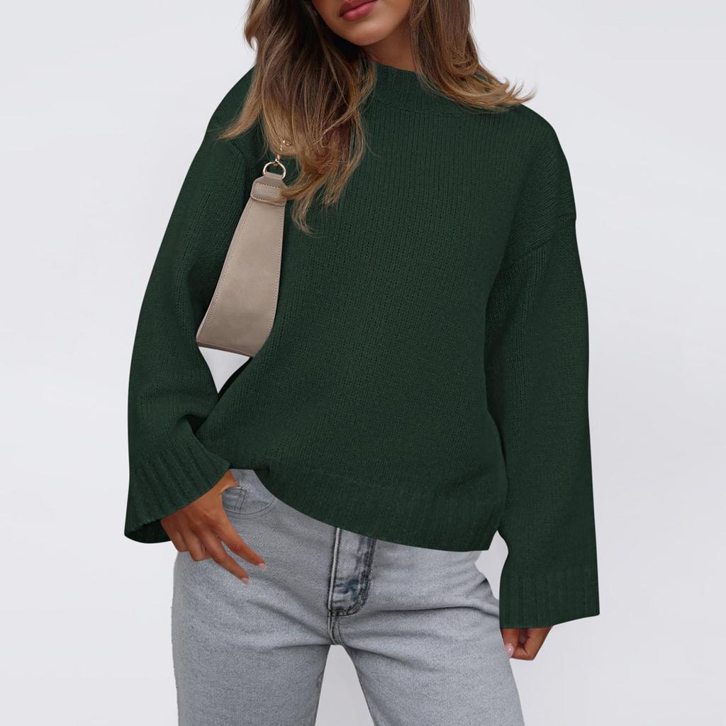 Womens Loose Round Neck Color Bell Sleeve Long Sleeve Knitted Sweater Top