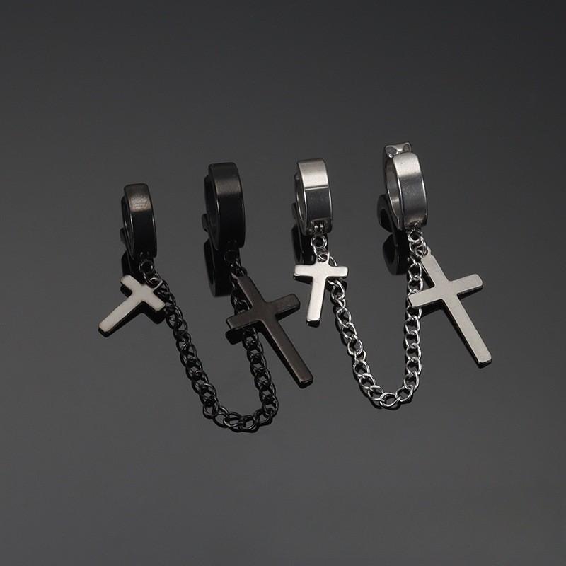 Earring with Chain Hook, Male Style, Titanium and Steel Cross-shaped, Trendy Stud Earrings, Retro Stainless Steel, Hip-hop Style Pendant Earrings