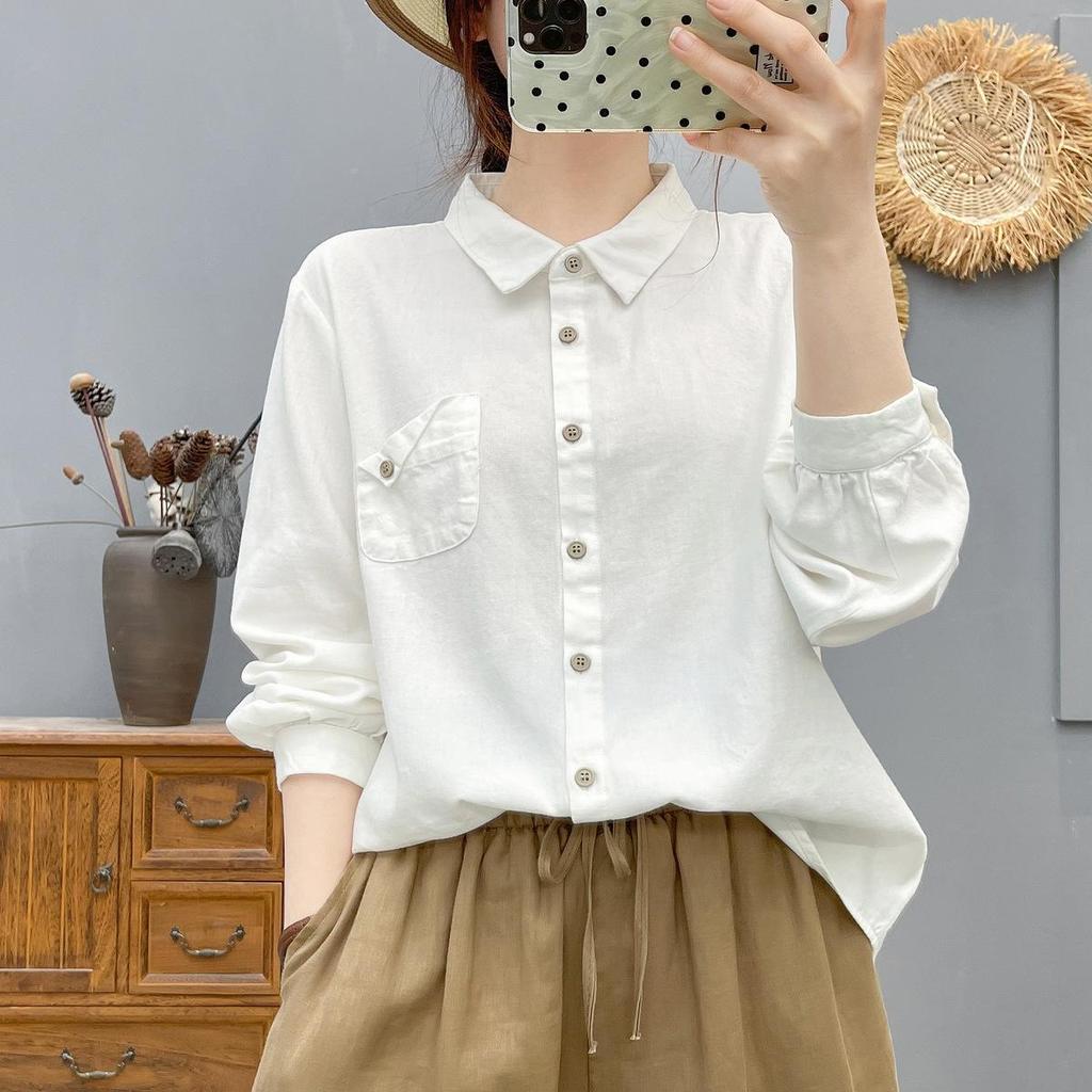 2026 Spring Women's Solid Color Slim Fit Long-Sleeve Single-Breasted Brushed Pocket Shirt