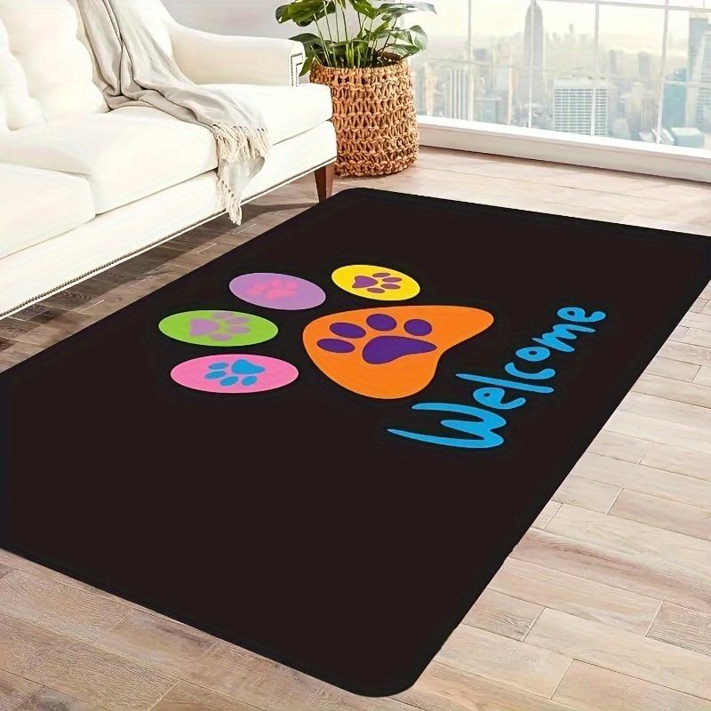 Colorful Dog Paw Welcome Text Black Background Print Large Area Rug Soft Flannel Non Slip Floor Carpet for Living Room Decor
