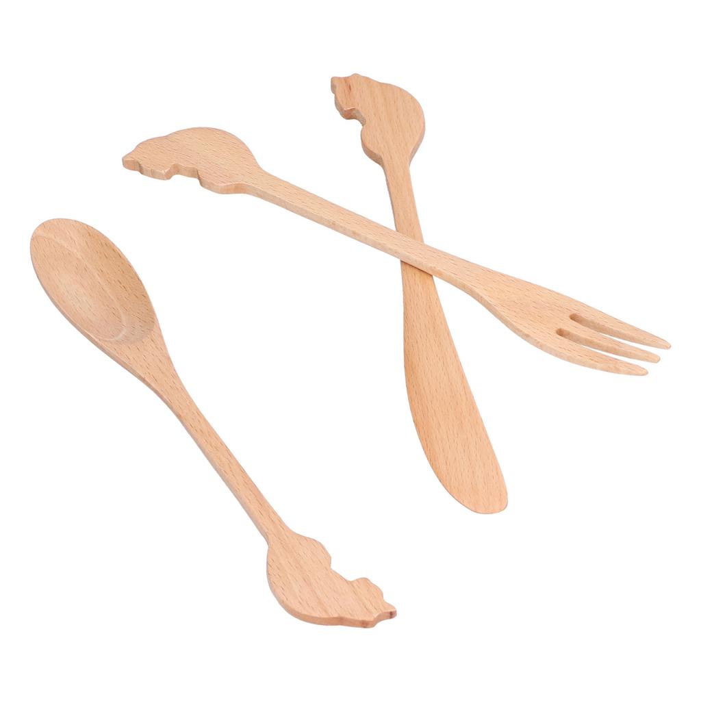 3pcs Wooden Tableware Set Spoon Fork Reusable Hand Made Utensils Portable Soup Spoon for Kitchen Picnic Hotel