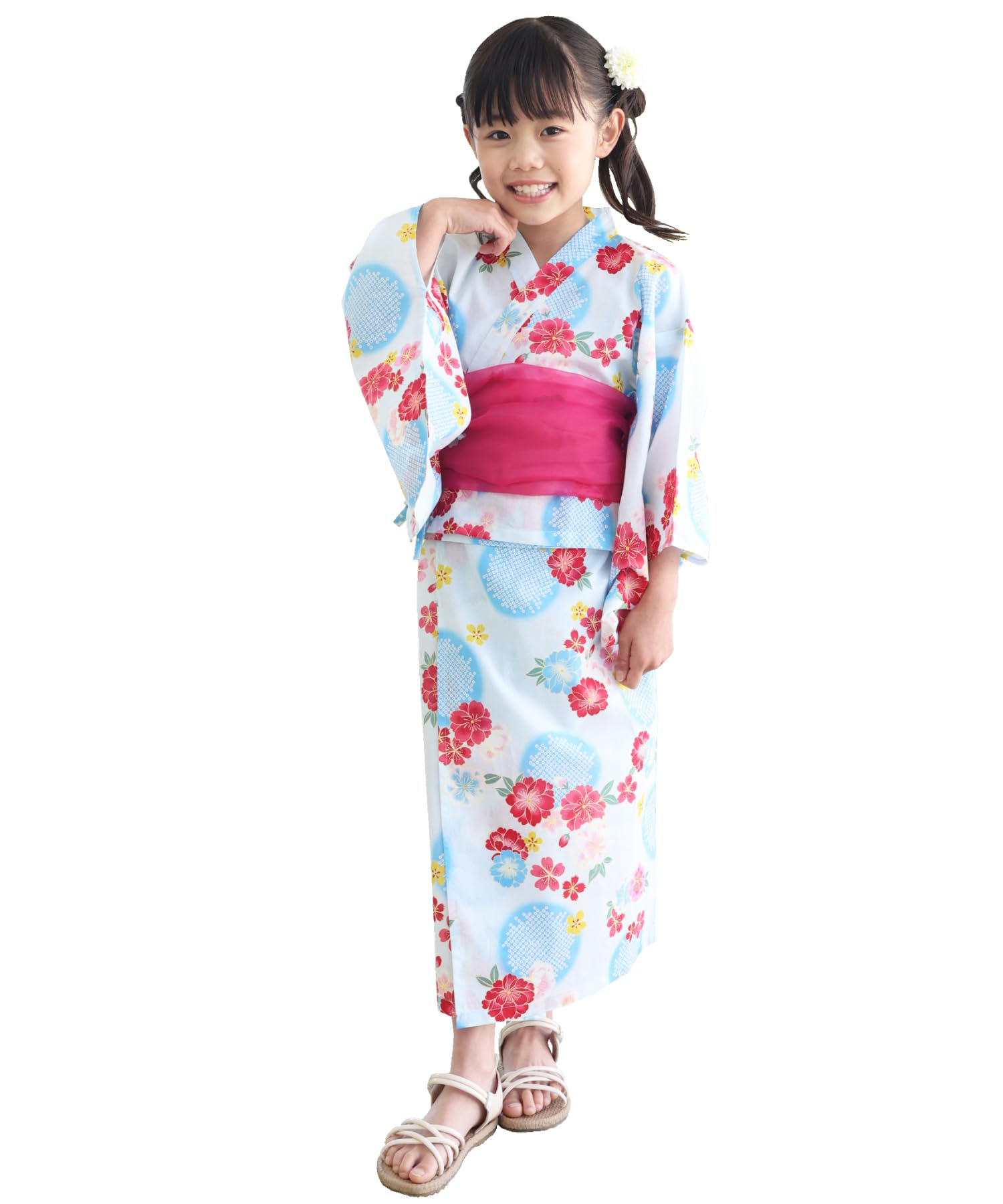 

24907 Раздельный юката Heiko Obi, цельный для девочек, синий с двумя цветками вишни [Nishiki] + комплект, юката, 100% хлопок, для девочек, для детей, малышей,