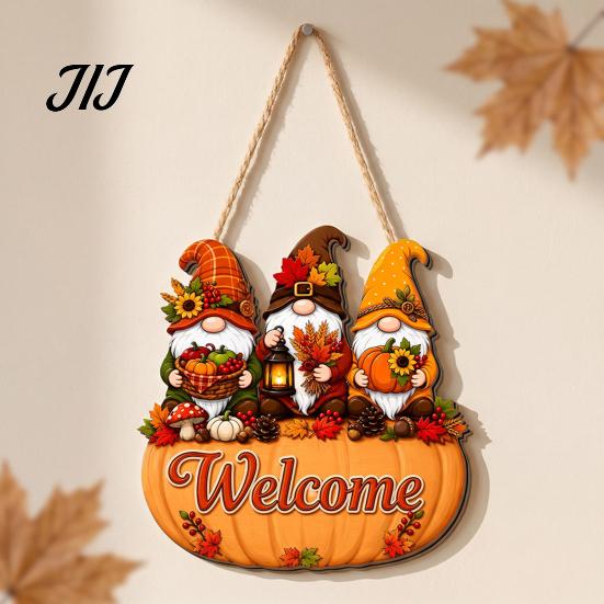 Durable Solid Wood Plaque Autumn Pumpkin Gnome Welcome Sign for Front Door, Rustic Hanging Thanksgiving Wall Ornament with Hemp Rope Fall Harvest Home