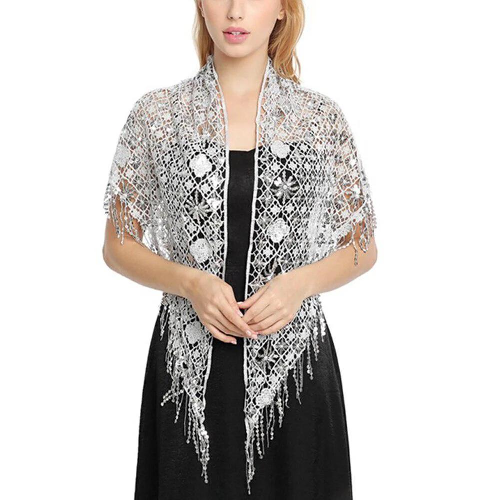 1Pc Elegant  Triangle Sequins Wedding Shawl Women Evening Dress Shawl Ladies  Banquet Decoration Tassel Shawls