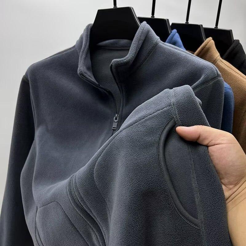 Felpa Uomo Autunno Inverno Taglia Grande con Zip e Collo Alto Manica Lunga Spessa in Pile Colore Unito Larga Casual Giacca