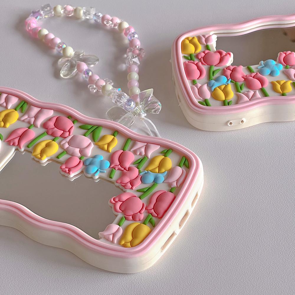 Cartoon Wave Edge Tulip Mirror Phone Case Compatible for iPhone 14 13 12 Pro Max 11 7 8 Plus X XS XR X Max Stereoscopic Silicone Protective Cover