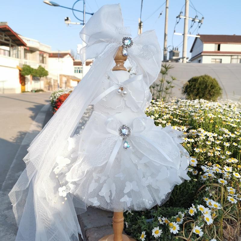 Pure White Wedding Dresses For Small Medium Dogs Puppy Outdoor Coats Fashion Handmade Lace Crystal Bow Dress Pet Dog Clothes