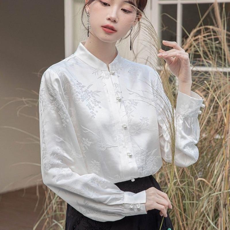 Chinese Style Long Sleeve Blouse Women Elegant Embroidery Vintage Floral Print Chic Tops Loose Fit Ladies Casual Shirts