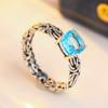 Vintage Inlaid Sea Blue CZ Women's Ring Ethnic CopperColor Hand Carving Daily Wear Party Jewelry Anniversary Gift