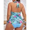 Plus Size Vacay Tankini Set, Women's Plus Tropical Print Lace Up Side Halter Top & Panty Swimsuit 2 Piece Set