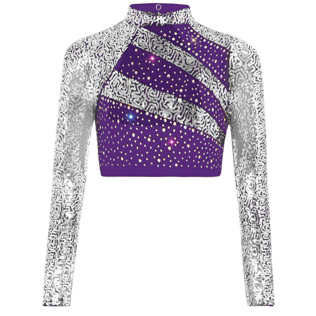 Mädchen Rollkragen Langarm Pailletten Strass Crop Top Cutout Rücken Druckknopf Tanz Top