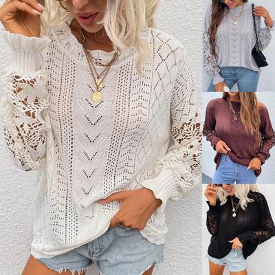 Damen Locker Bluse Spitze Strickpullover Patchwork Aushöhlpullover