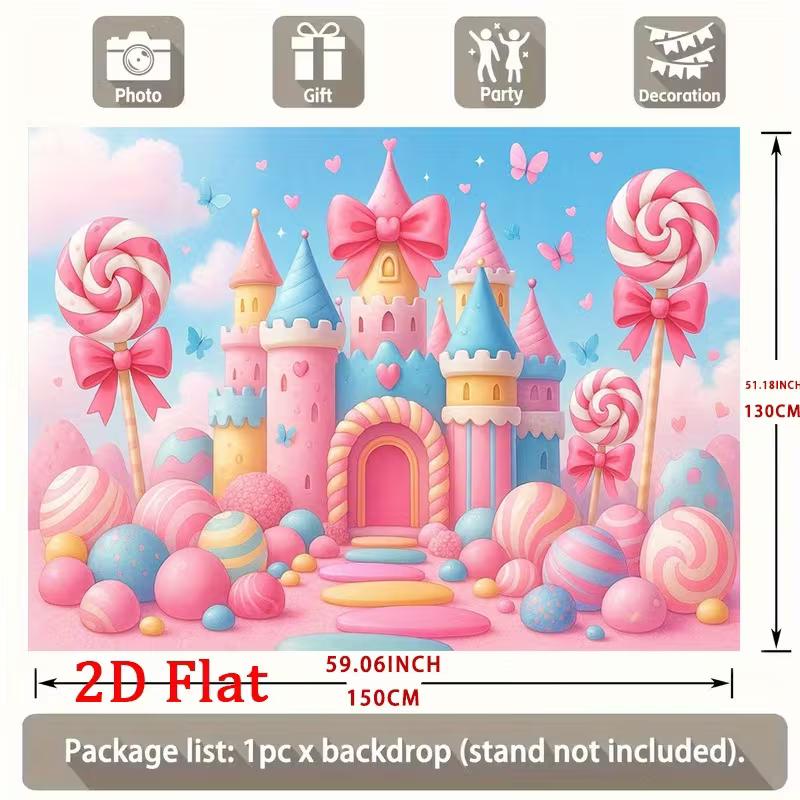 2D Pastel Candy Castle Backdrop, Princess Birthday Lollipop Background