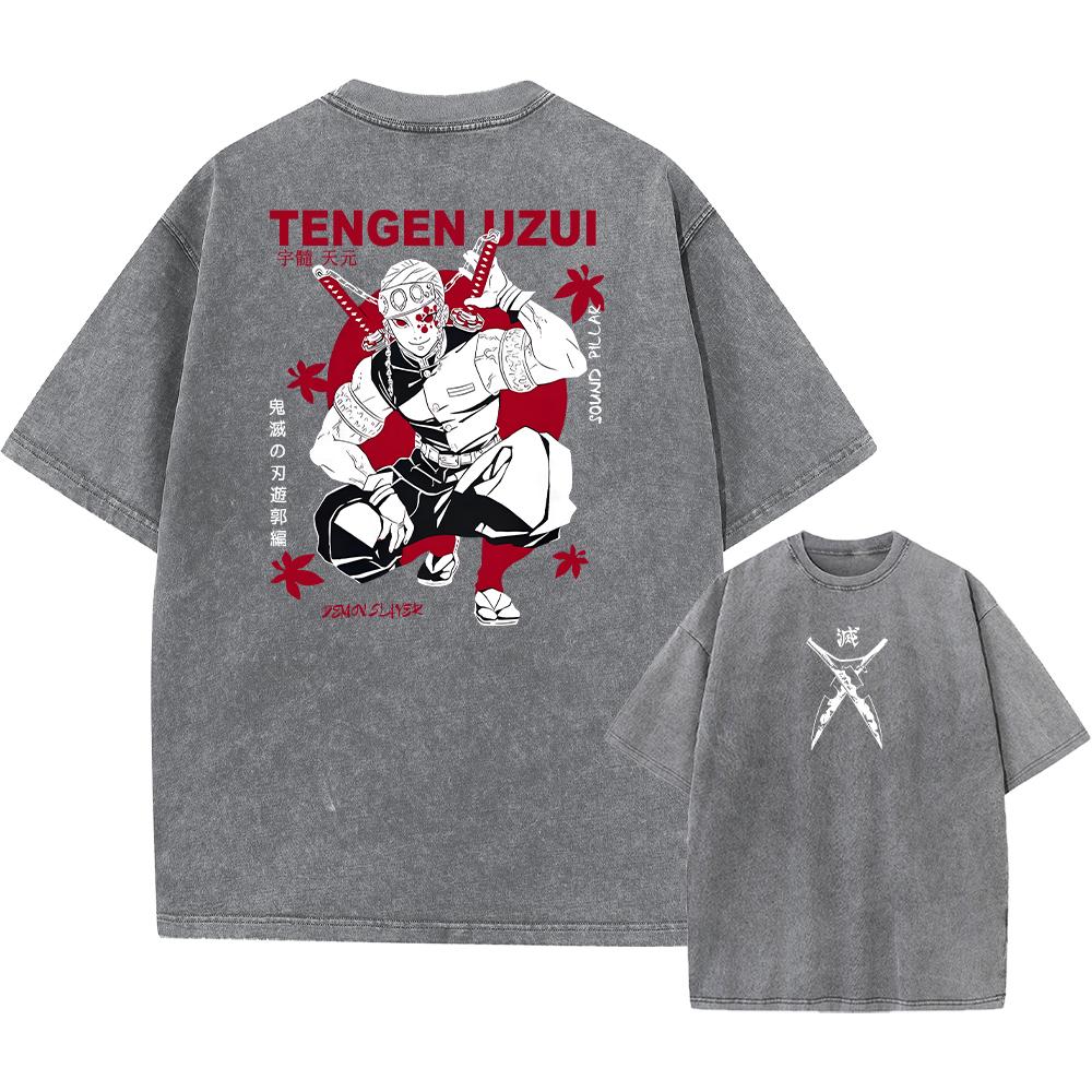Washed Acid T Shirts Vintage Washed Anime Demon Slayer T-shirt Oversized Streetwear Short Sleeve Kimetsu Tops S