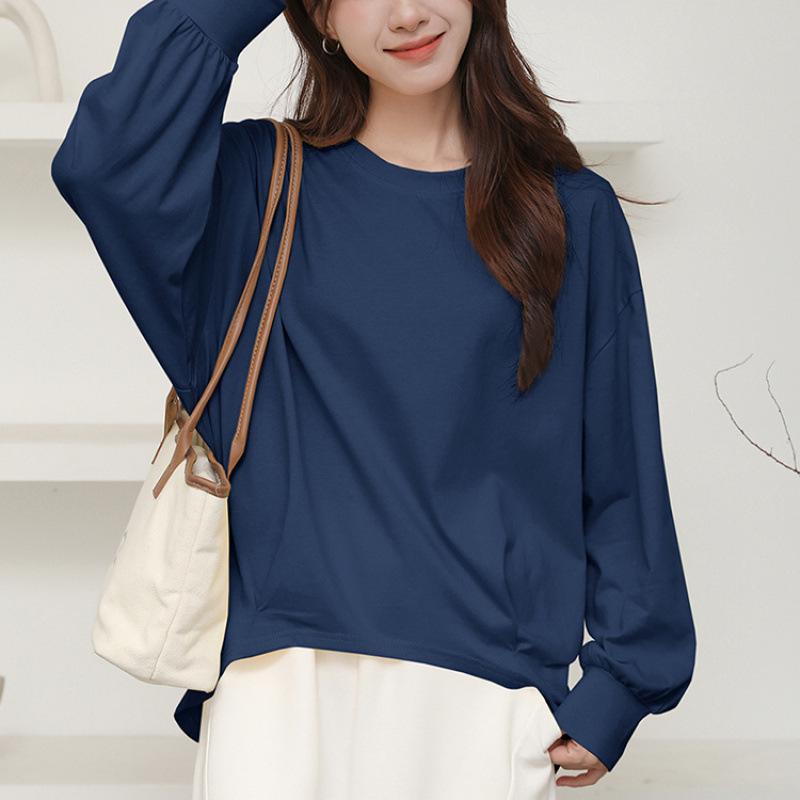 

Spring Loose Pure Top: Casual Solid Color Round Neck Long Sleeve T-Shirt Medium темно-синий