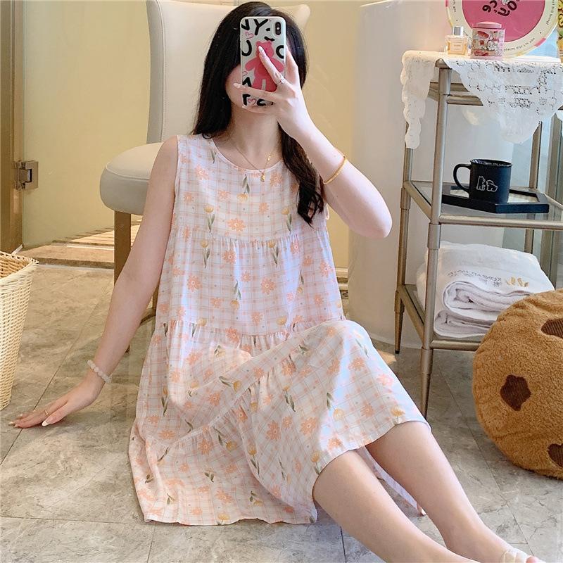 Women's Cotton and Silk Nightgown Summer Thin Internet Celebrity Large Size Printed Pajamas New Sleeveless Loungewear