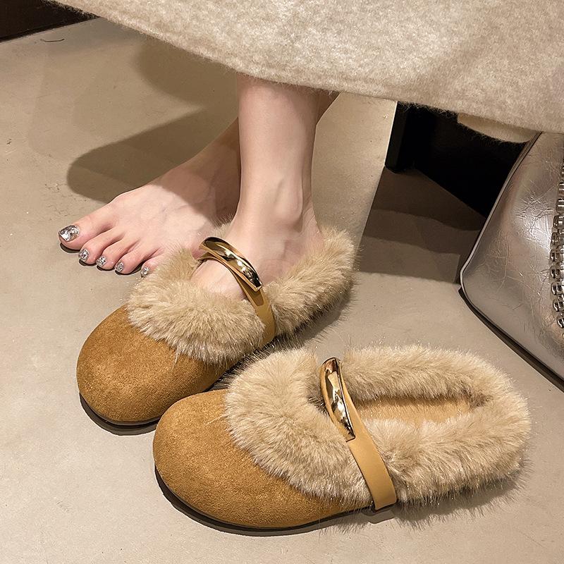 Xiaoxiangfeng fluffy shoes women's flat-bottomed cotton slippers autumn and winter outer wear design sense soft-soled Mary Jane velvet single shoes