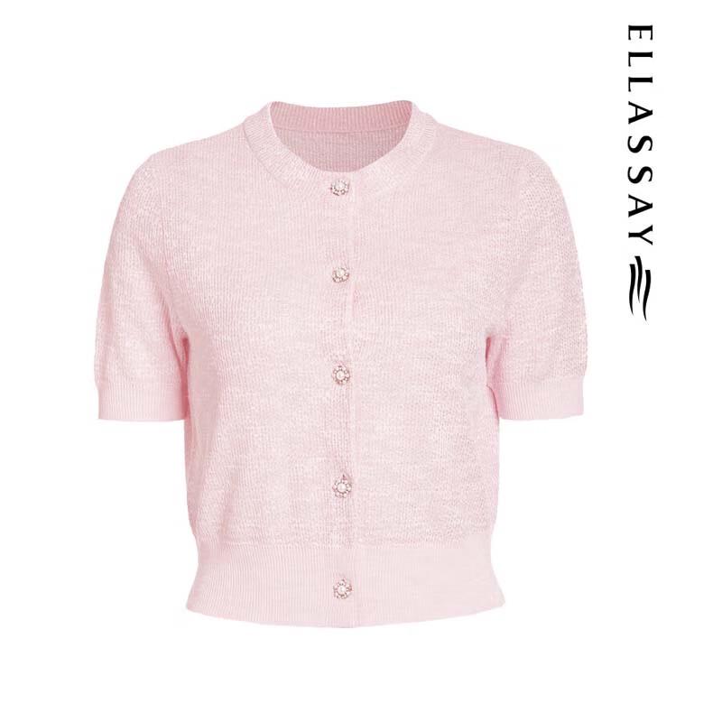 ELLASSAY Women's Elegant Jacquard Pearl Button Knit Top