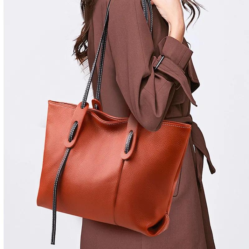Genuine Leather Tassel Shoulder Bag for Women Large Capacity Commuter Handbag Luxury Big Tote Bag