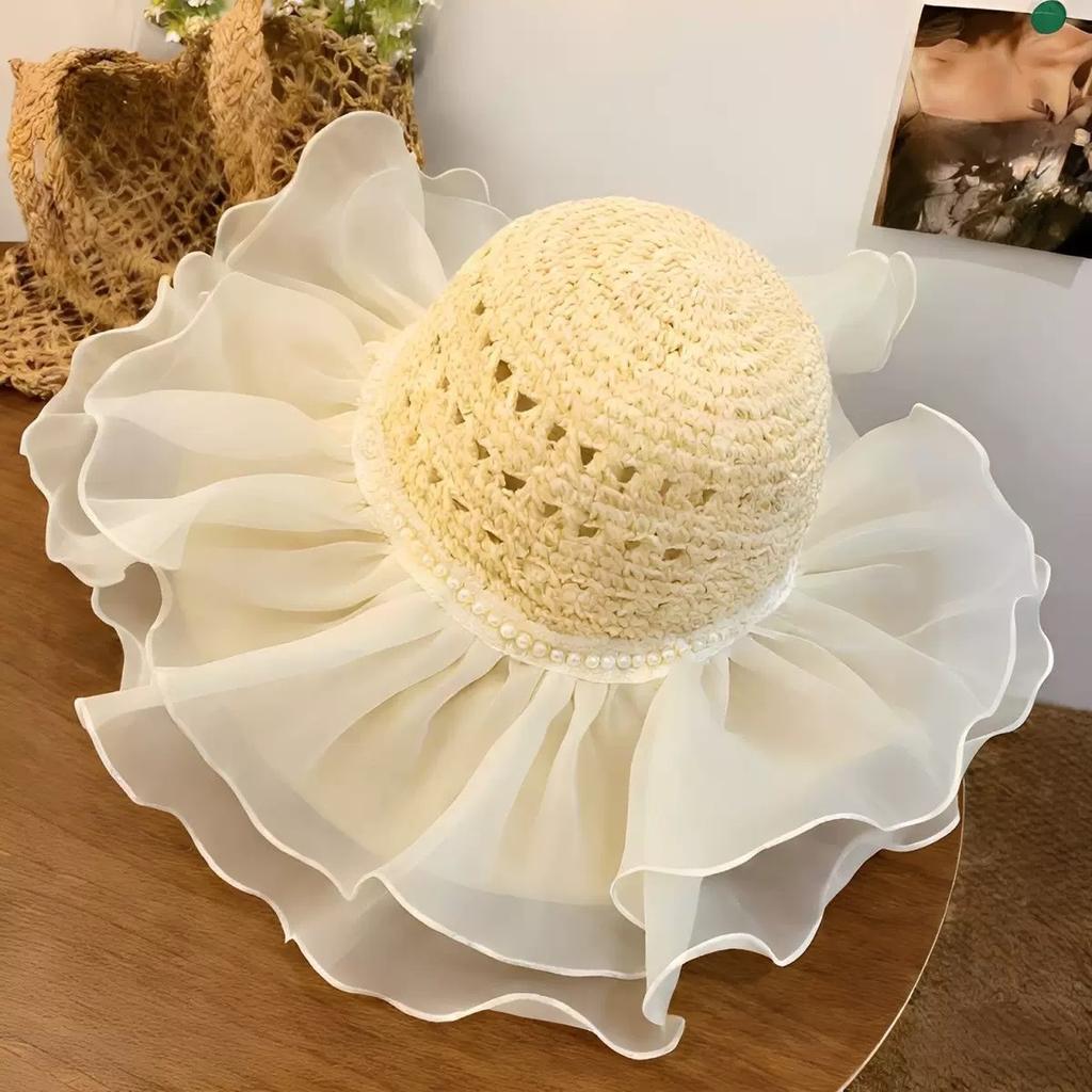 Flat-top straw hat women's straw top hat, new summer big-brimmed sun hat, seaside vacation sun hat
