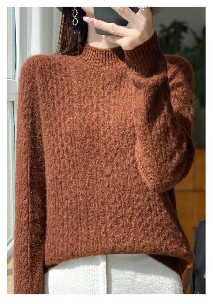 Thick Cable Knit Half-High Neck Wool Pullover Sweater