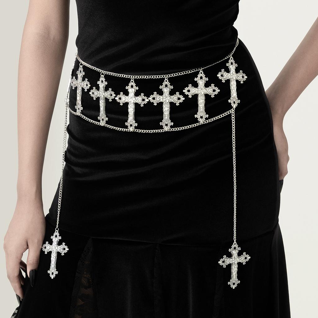 Gothic Halloween Cross Pendant Waist Chain, Punk Dark Metal Chain Body Chain