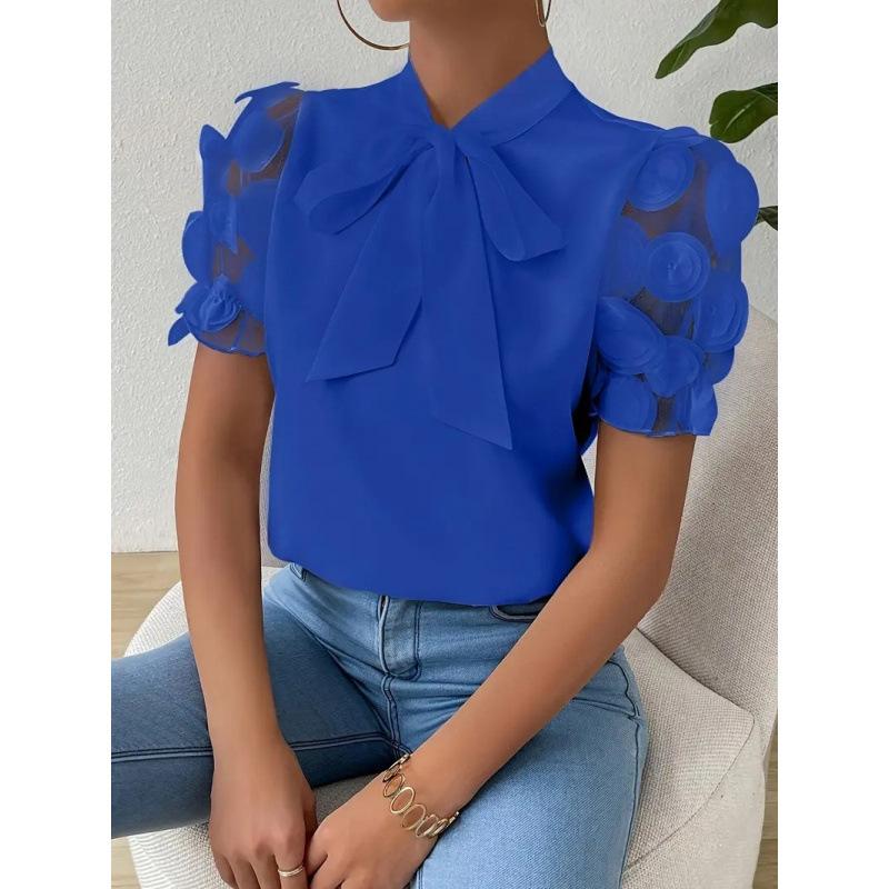 Commuter Solid Color Simple Lace-Up Bow Short Sleeve Shirt Women